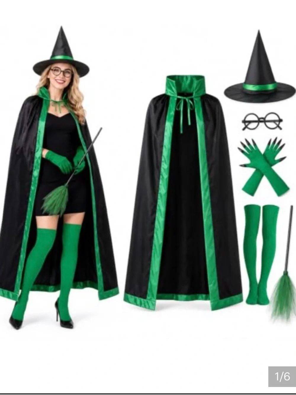 Green Witch Women’s Costume Set with Cape, Hat, Gloves, Socks and glasses.